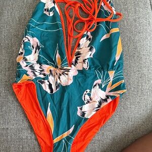 Maaji Teal Floral One-Piece Swimsuit with Orange Trim